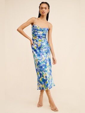 ASTR Florianne Slip Midi Dress - Blue Floral with Adjustable Spaghetti Straps